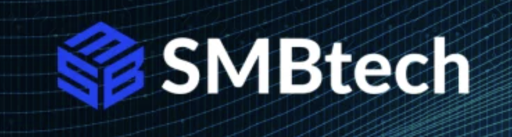 SMBtech logo with a blue cube icon and white text on a digital grid background.