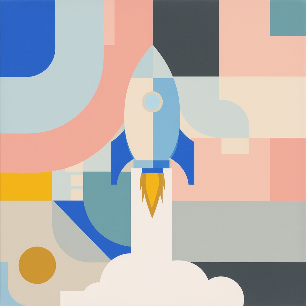 An abstract illustration of a rocket launching, with geometric shapes and pastel colors including pink, blue, gray, and yellow.