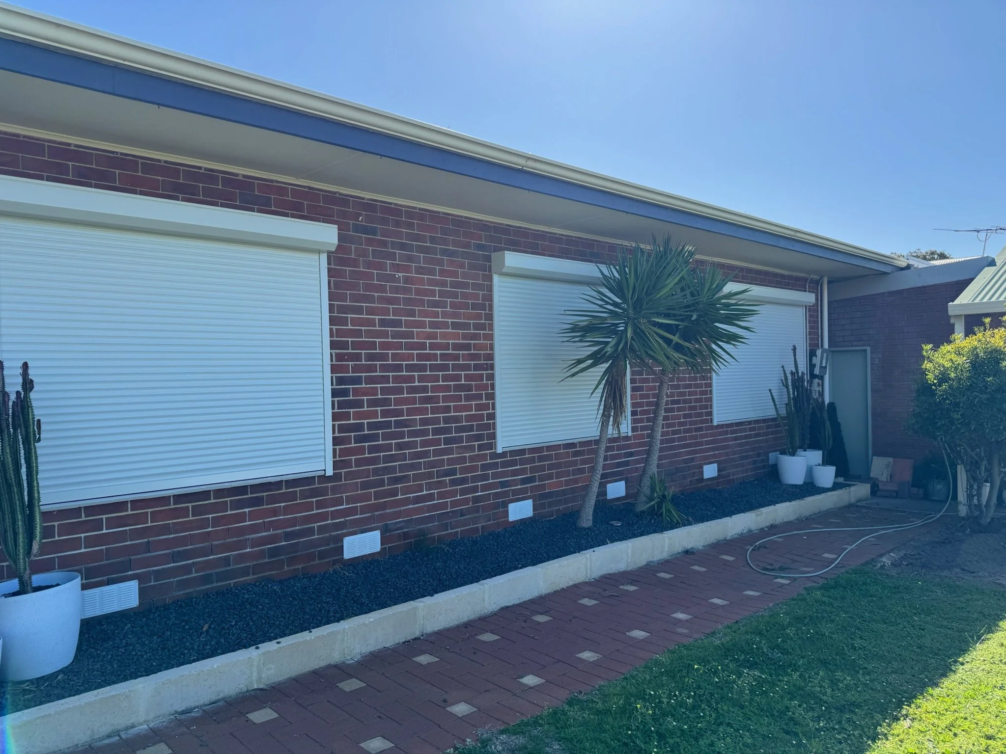3 Window Security Roller Shutters installed for a shift worker client here in Bunbury. Surfmist Colour. On Wall Fit. Protection Against morning sunlight. External Noise. Helps reduce energy useage by providing internal insulation. Keeping the Heat &