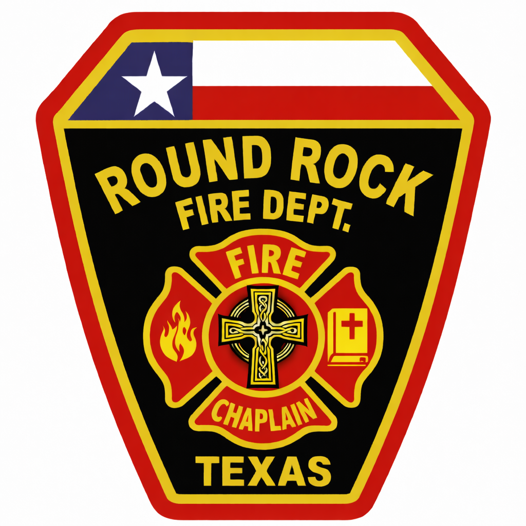 Badge for Round Rock Fire Department in Texas featuring a black background with fire department symbols, a cross, a book, and the Texas flag.