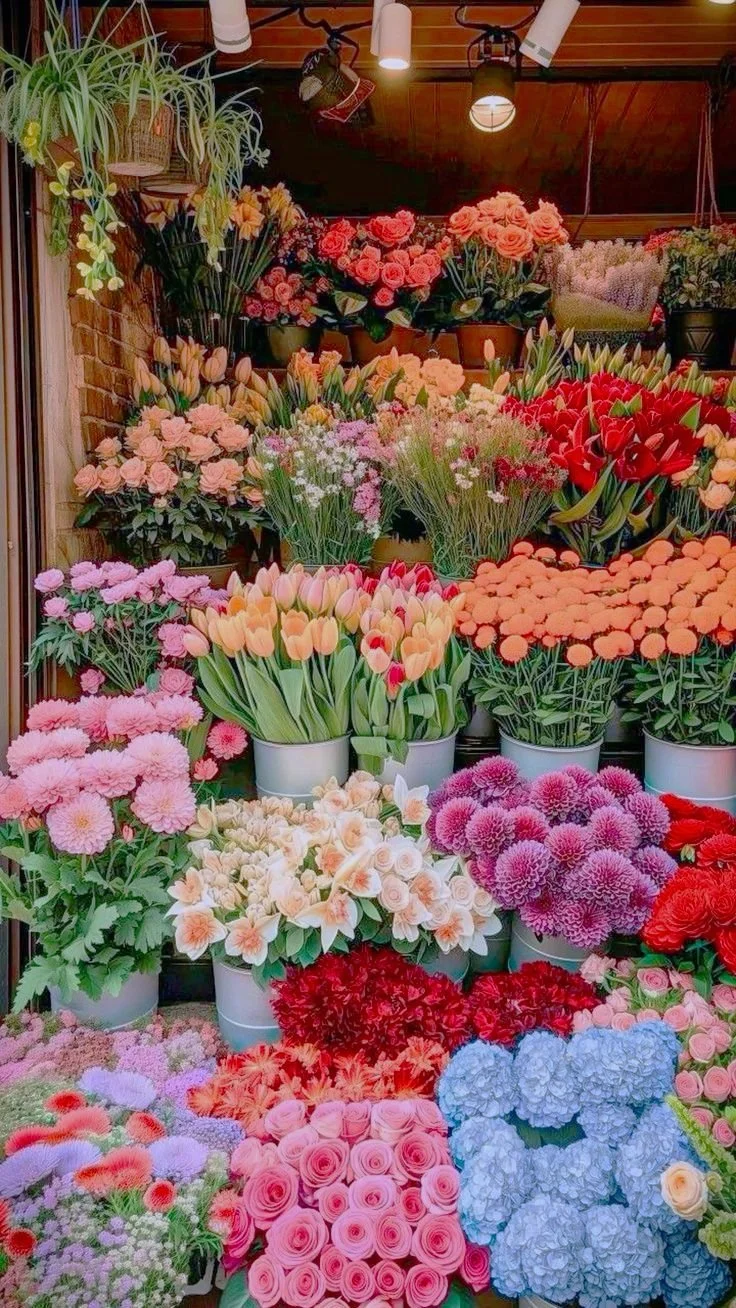 A colorful display of various flowers including pink roses, orange tulips, purple chrysanthemums, red flowers, and other assorted blooms arranged on shelves and in buckets, with a brick wall and spotlights in the background.