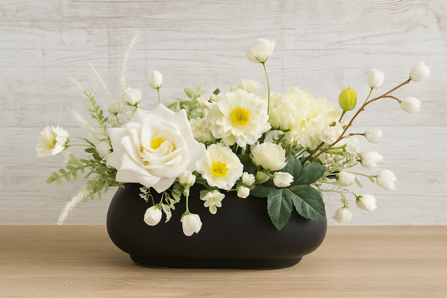 White floral arrangement in a black vase on a light wooden surface with a white textured background.