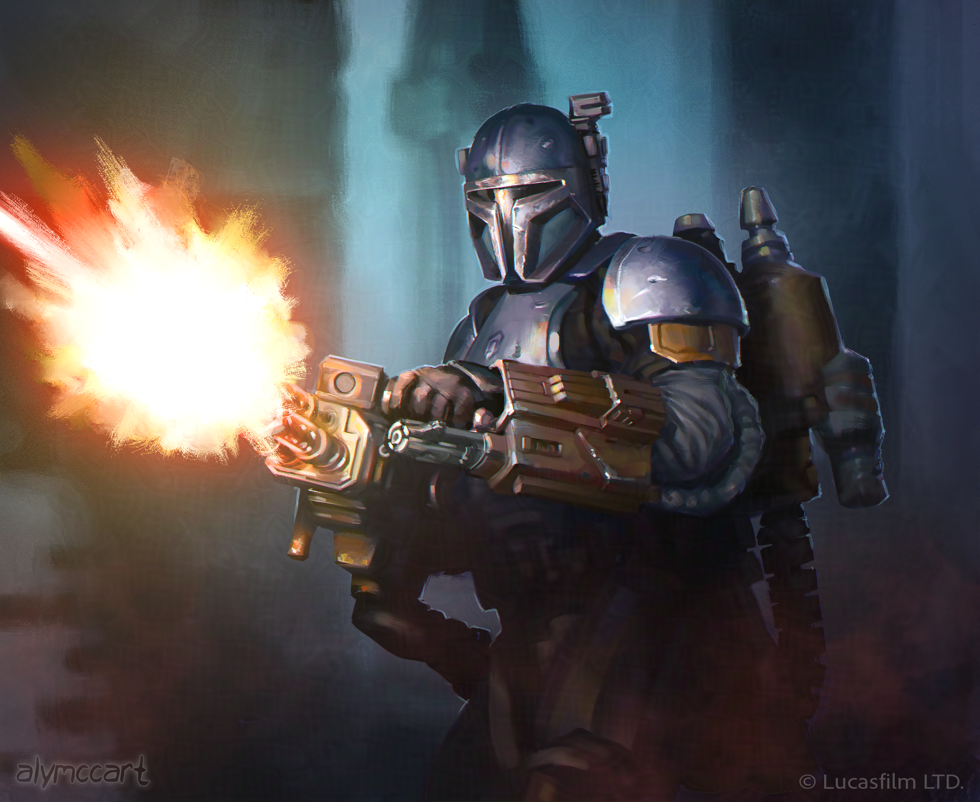 A digital illustration of Paz Vizla from The Mandalorian. He is firing a large machine-gun style laser blaster and is shown wearing his usual armor and jet-pack. He is standing in a sci-fi environment in shades of blue and gray. 