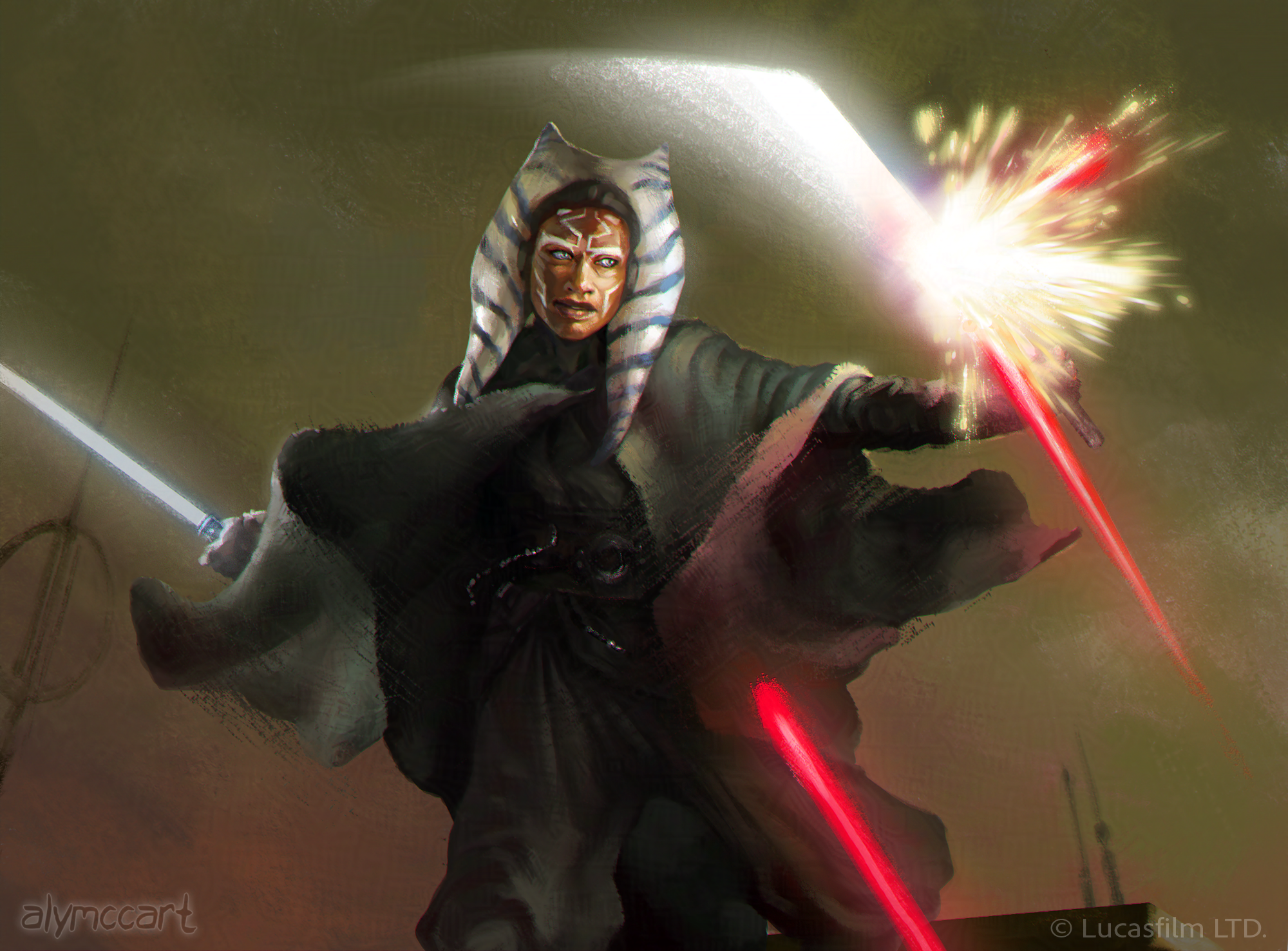 A digital painting of Asohka Tano from The Mandalorian. She is perched on a roof top with her sabers drawn. The saber in her left hand is being swung to deflect incoming laser fire. A laser bolt can be seen sparking brightly off of the saber.