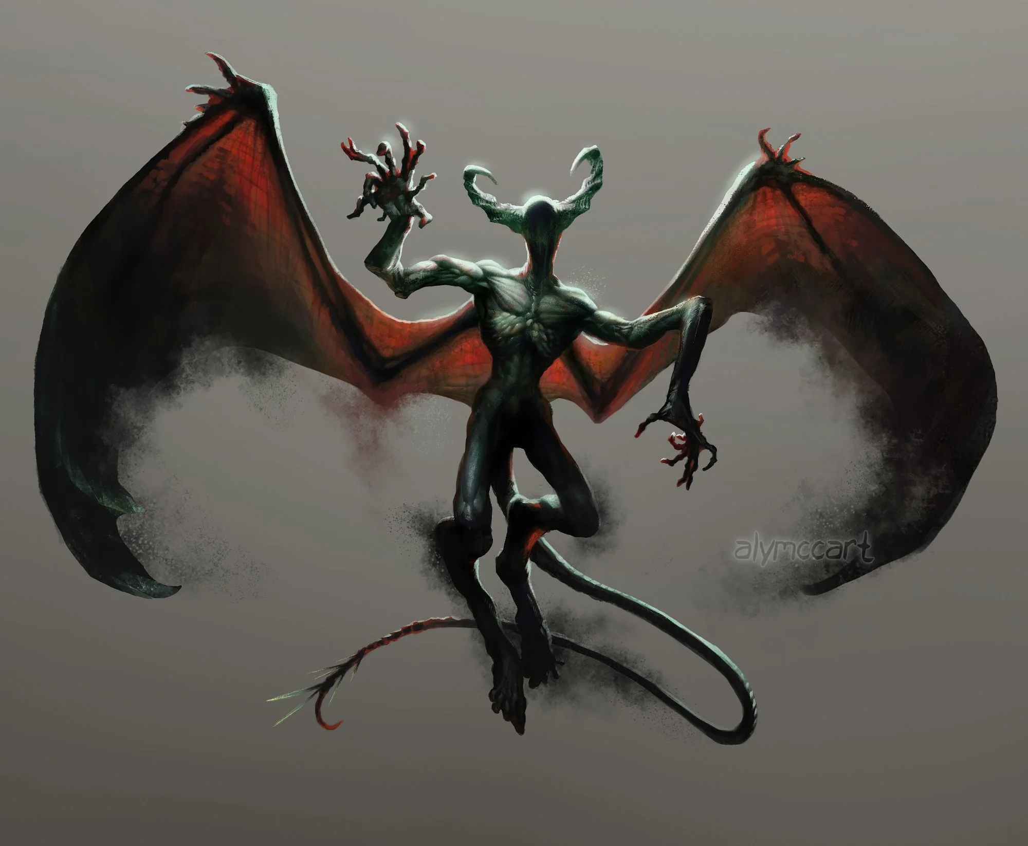 A monster illustration of a dark, faceless creature with bizarre limbs, a long tail, and large backlit wings.