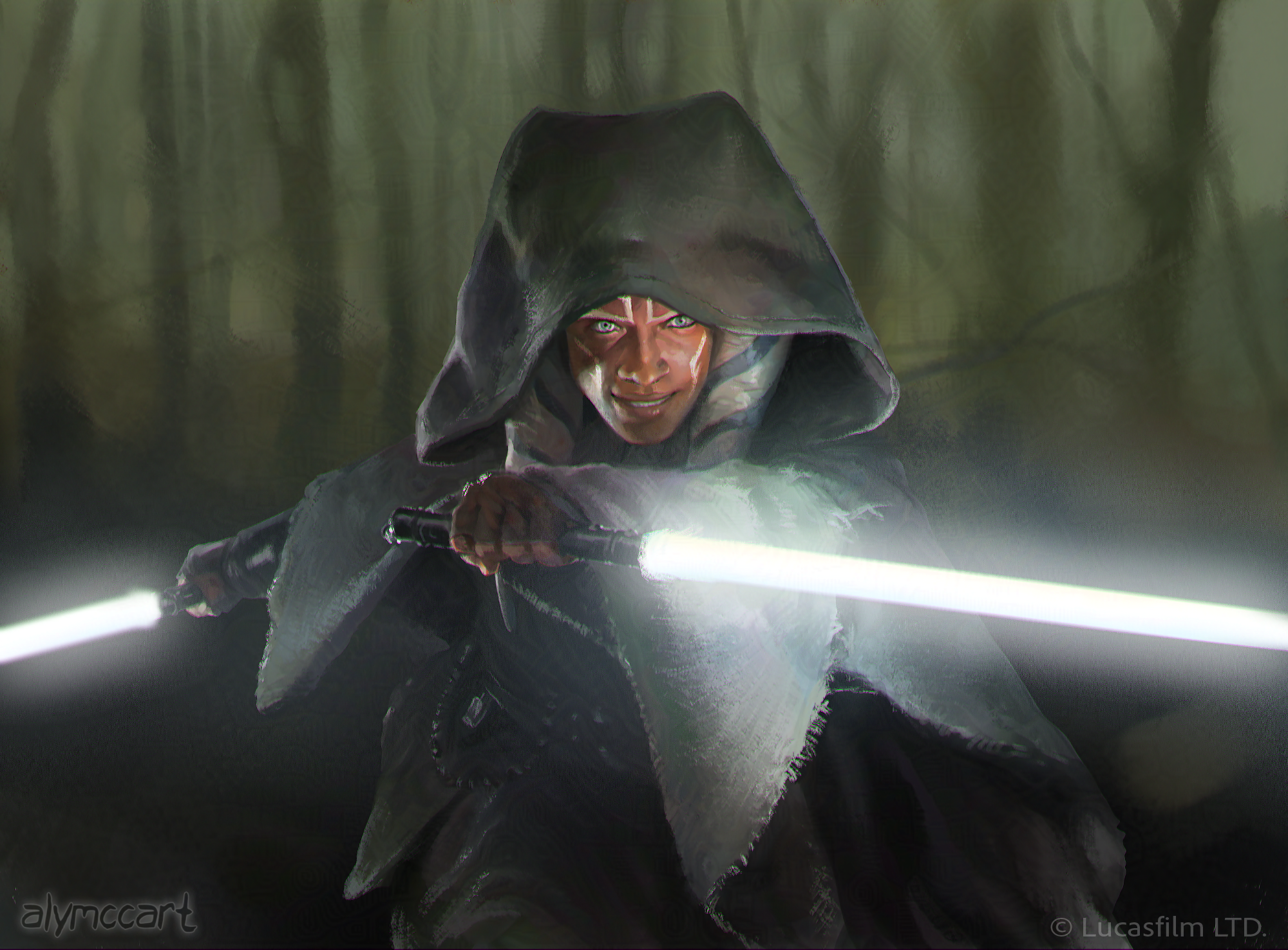 A digital illustration featuring Ahsoka Tano from The Mandalorian in a battle-ready stance with her two white lightsabers held at the ready. She is wearing a dark gray cloak which hides most of her head. She looks excited and determined. She is stand
