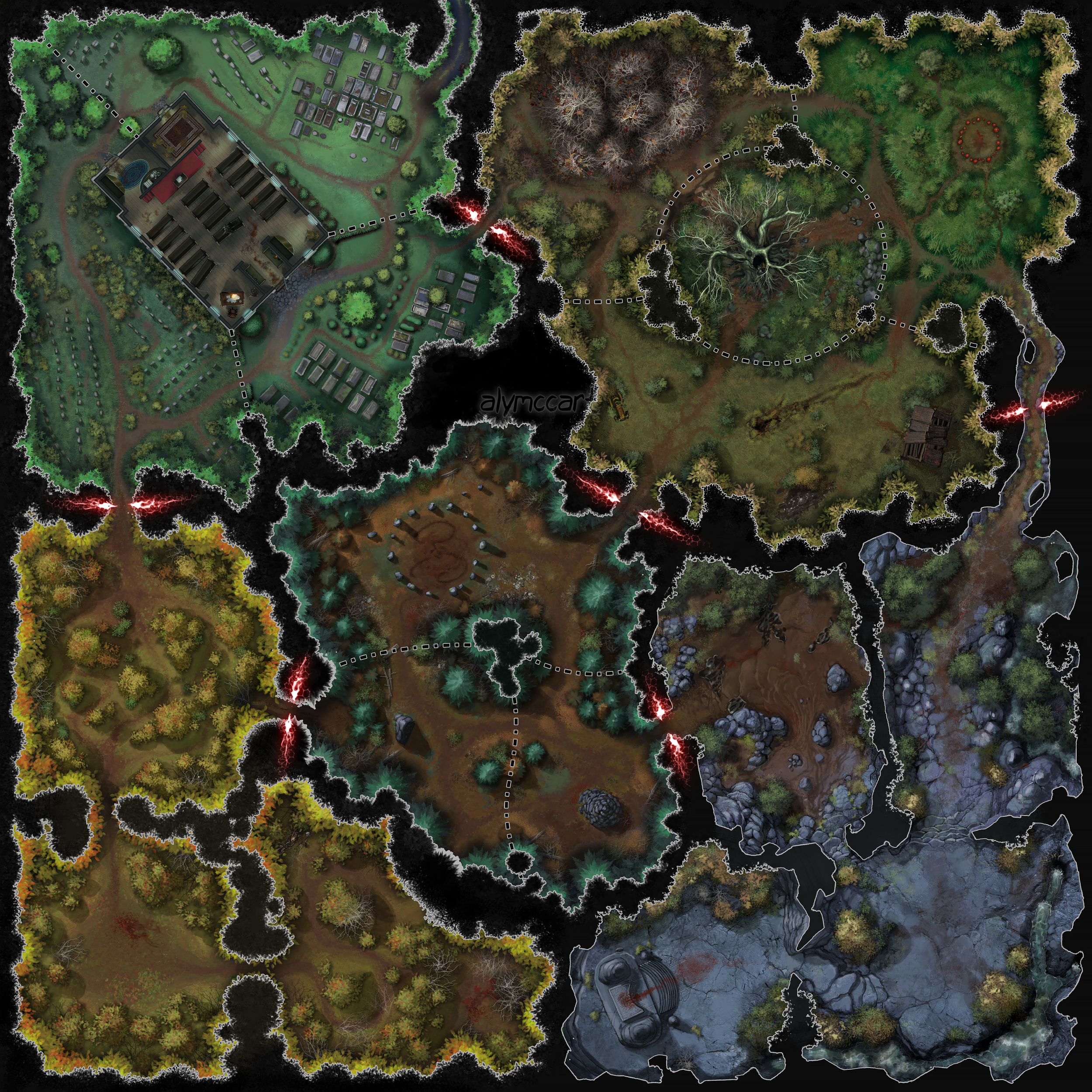 A board-game map that shows a number of distinct areas. The top left shows a church and cemetery, the top right shows a patch of dead trees with one large dead tree in the center. The central area shows a ring of stone pillars as well as a cairn. The