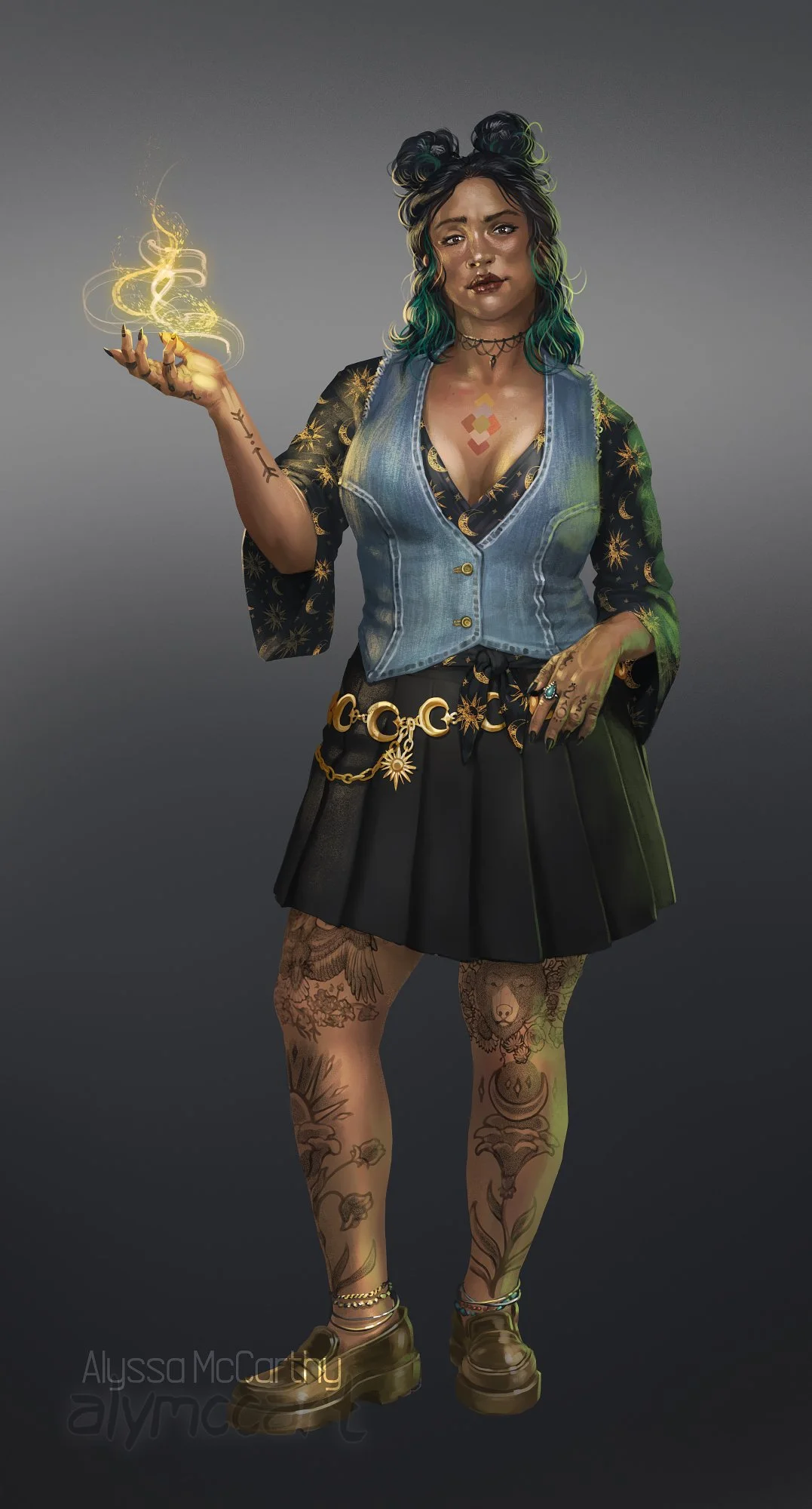 A character portrait of an indigenous woman performing magic. She is wearing a dark blouse with patterns on it, a jean vest and pleated skirt. She has numerous tattoos on her arms, chest, and legs.