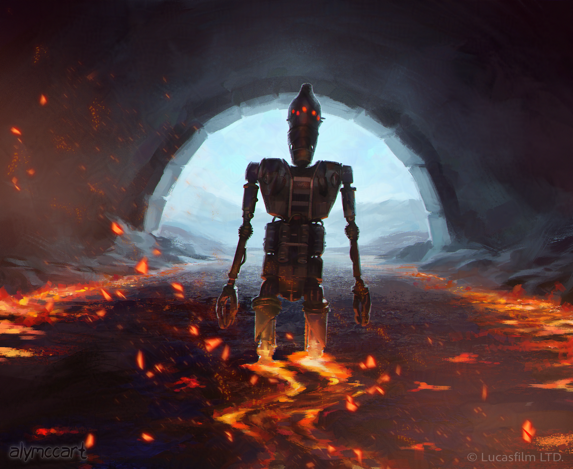 A digital illustration featuring the android IG-11 from The Mandalorian. They are wading away from the viewer into a river of lava toward the exit of a tunnel. There are embers floating in the foreground. 