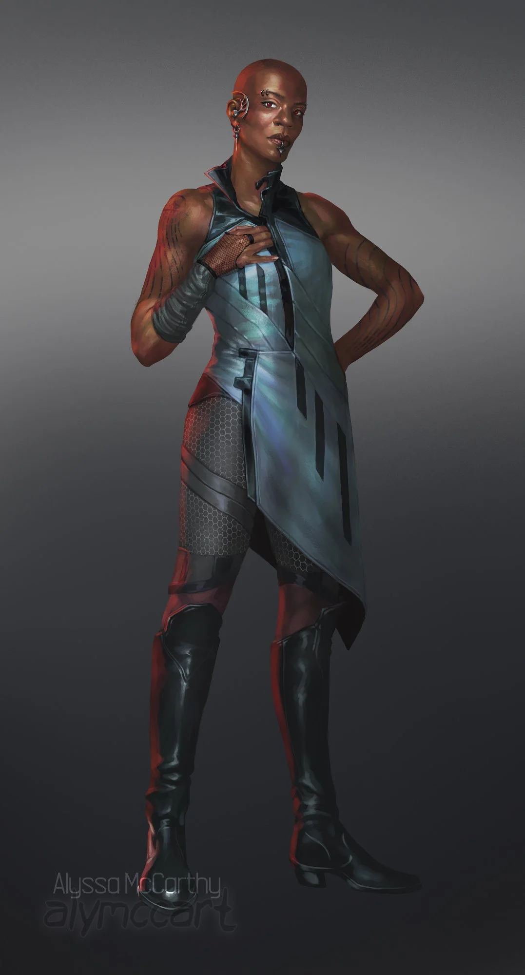 A character portrait of a black nonbinary individual. They are bald and wearing futuristic, fashionable clothing and have glowing red eyes. Their demeanor suggests they don't suffer fools. 