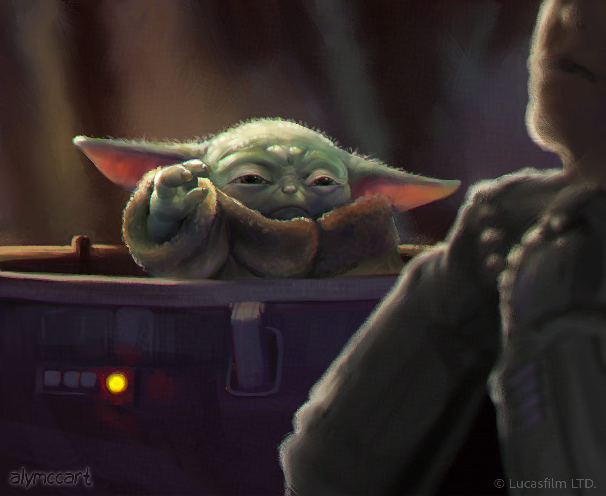 A digital illustration featuring Grogu from the Mandalorian. He is holding his hand up in a "choke" gesture while a character in the foreground clutches at her throat. He is in his floating carriage. 