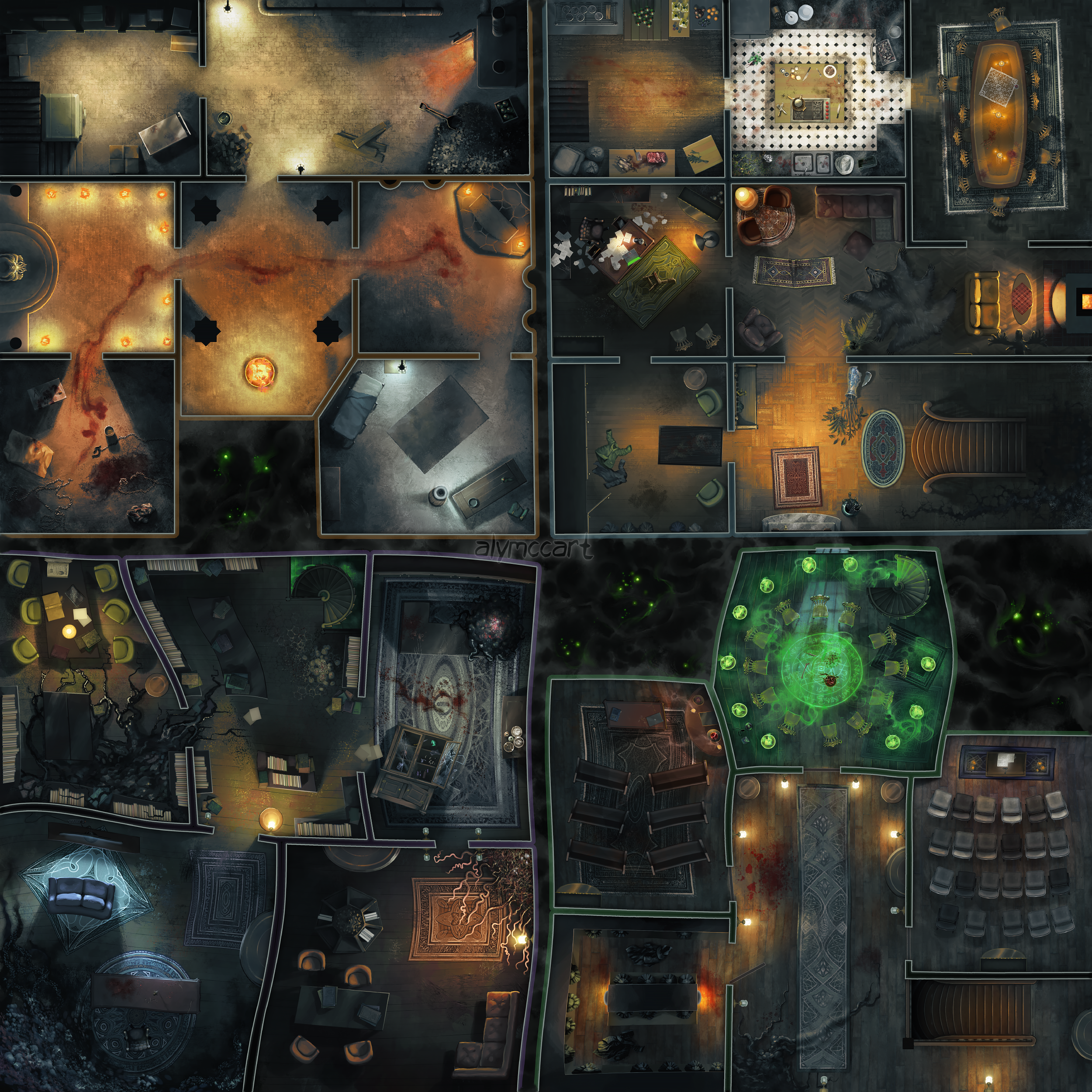 A detailed board-game map showing four different levels of a mansion-style house. Starting in the basement on the top left and going clockwise toward higher levels, the viewer can see the building growing more horrific on each floor, with walls warpi