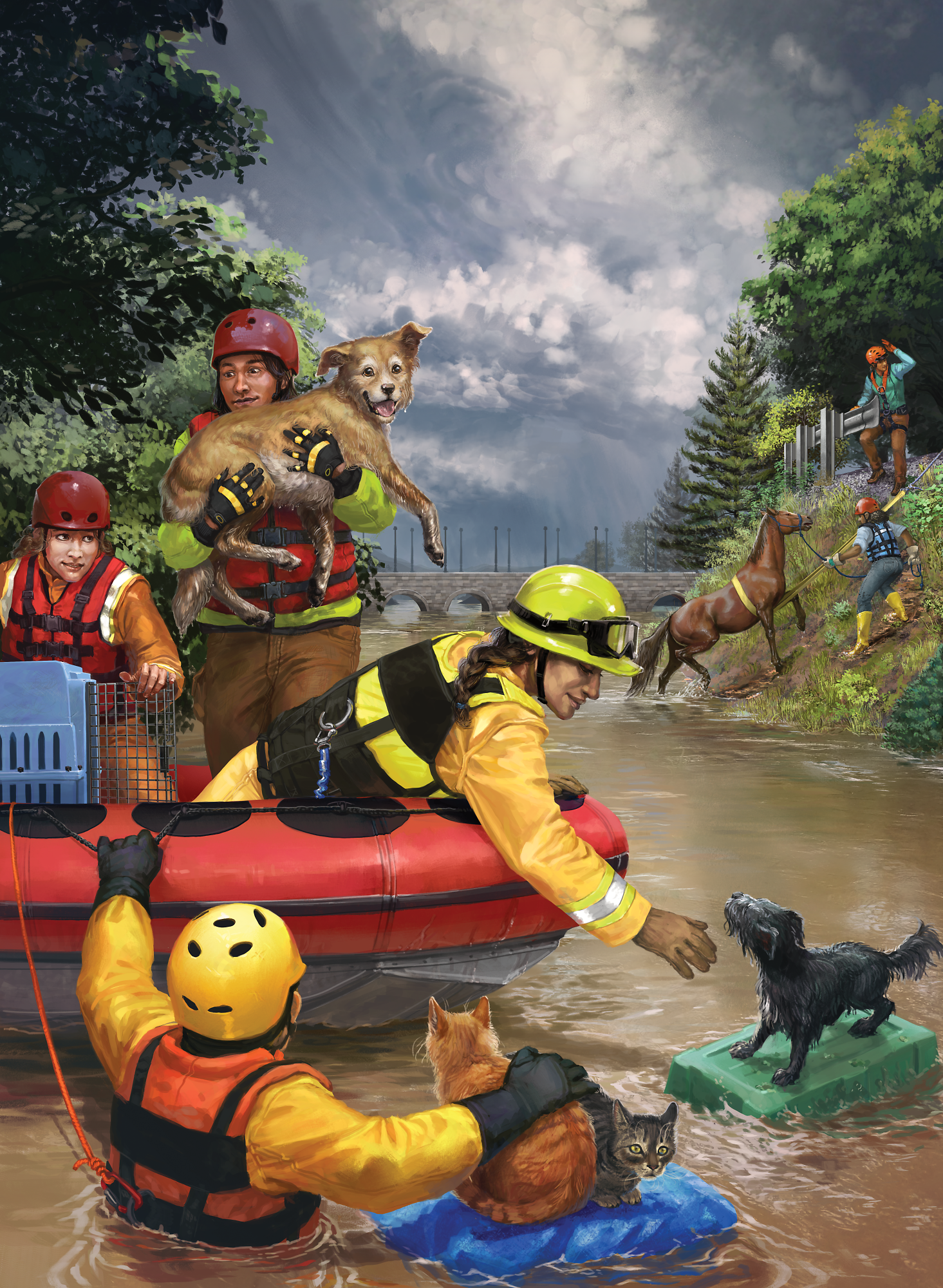 A digital illustration showing a team of animal rescuers at work during a flood. The foreground shows a person tethered to an inflatable boat in the process of rescuing a pair of cats. A woman in the boat is reaching toward a small wet dog that is af