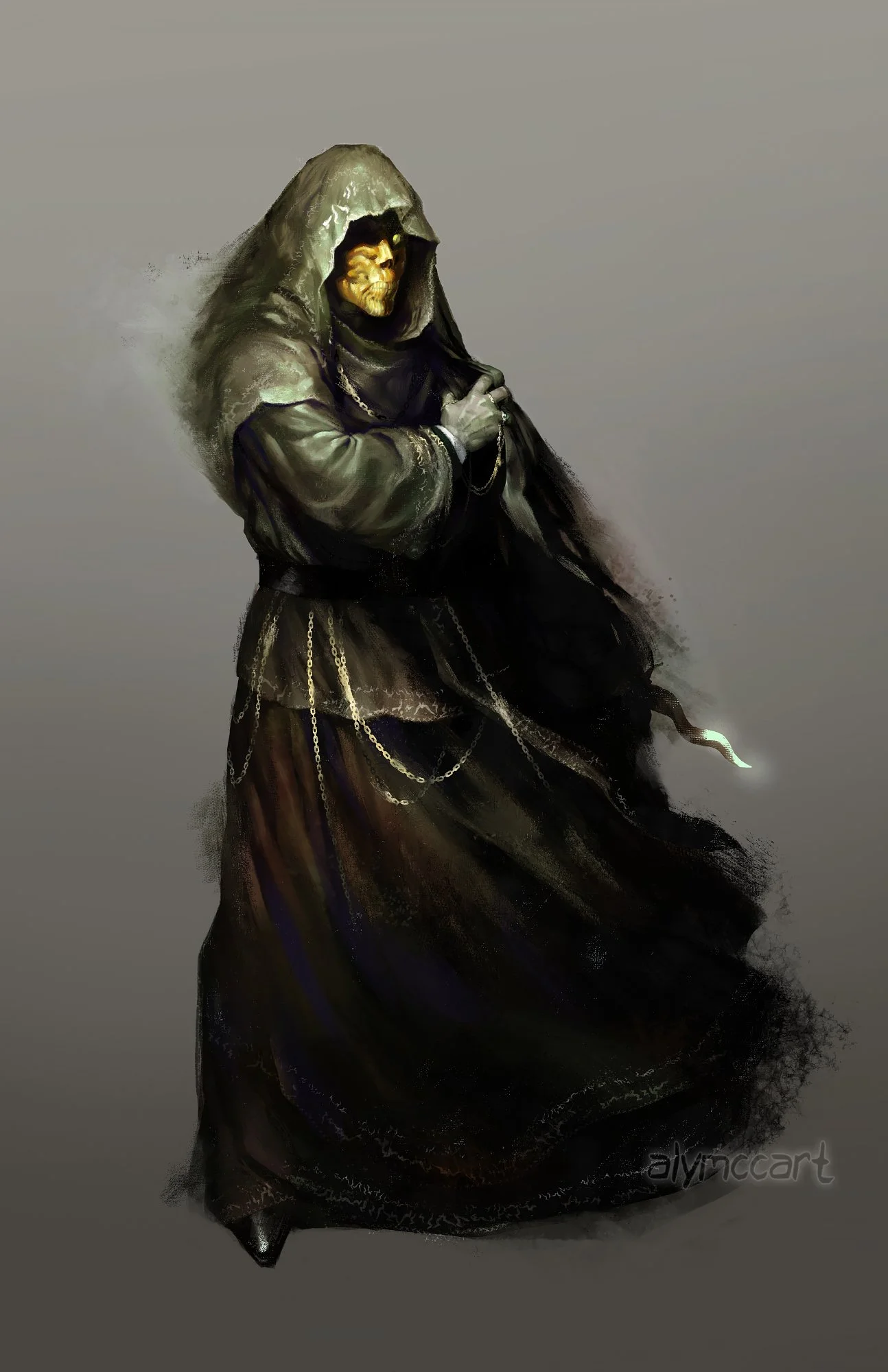 A character illustration of a cloaked masculine figure wearing a golden mask. 