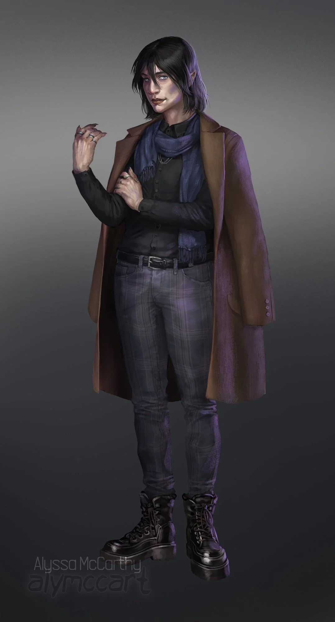 A character portrait of a transmasc individual with pale skin. He looks very broody and is wearing nicer-looking dark clothing with a long coat draped over his shoulders. He has black leather boots on. 