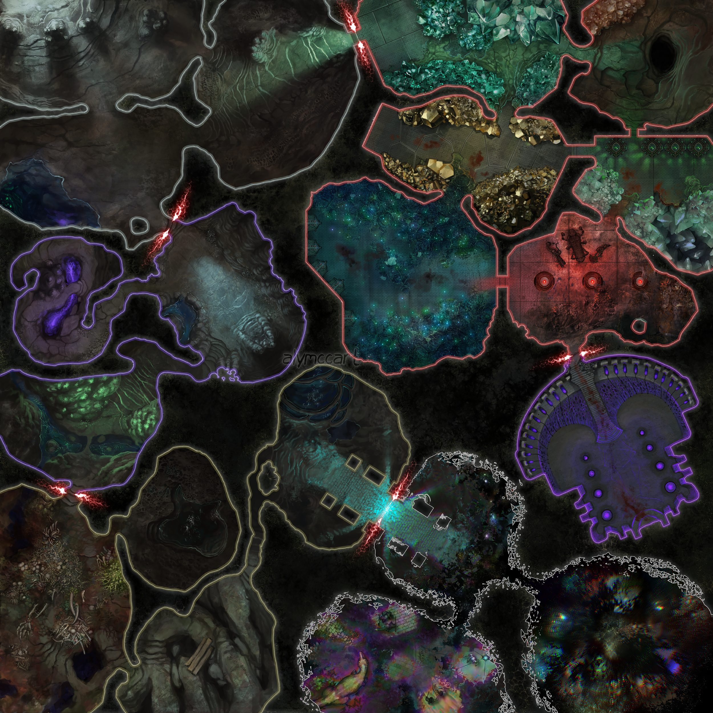 A board game map showing a complex of various rooms in a cavern system. The top left is bland and appears normal. The top right shows a collection of rooms with crystal growths, as well as what appears to be strange alien technology. The middle left 