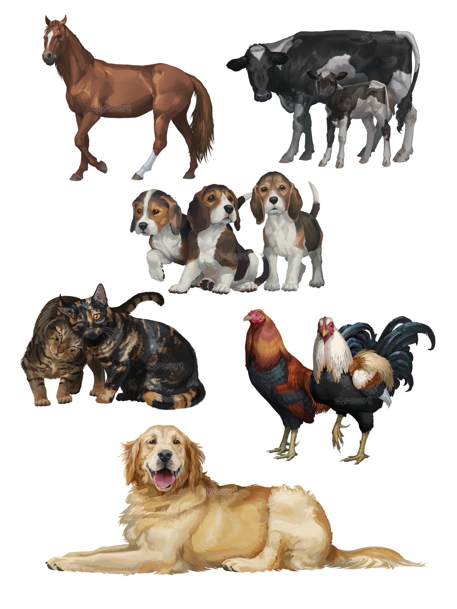 A collection of spot illustrations featuring various animals in a more "cell-shaded" style. From top left to bottom right can be seen: a brown horse with white socks and blaze, a mother cow and calf, a group of three beagle puppies, two cats, a pair 