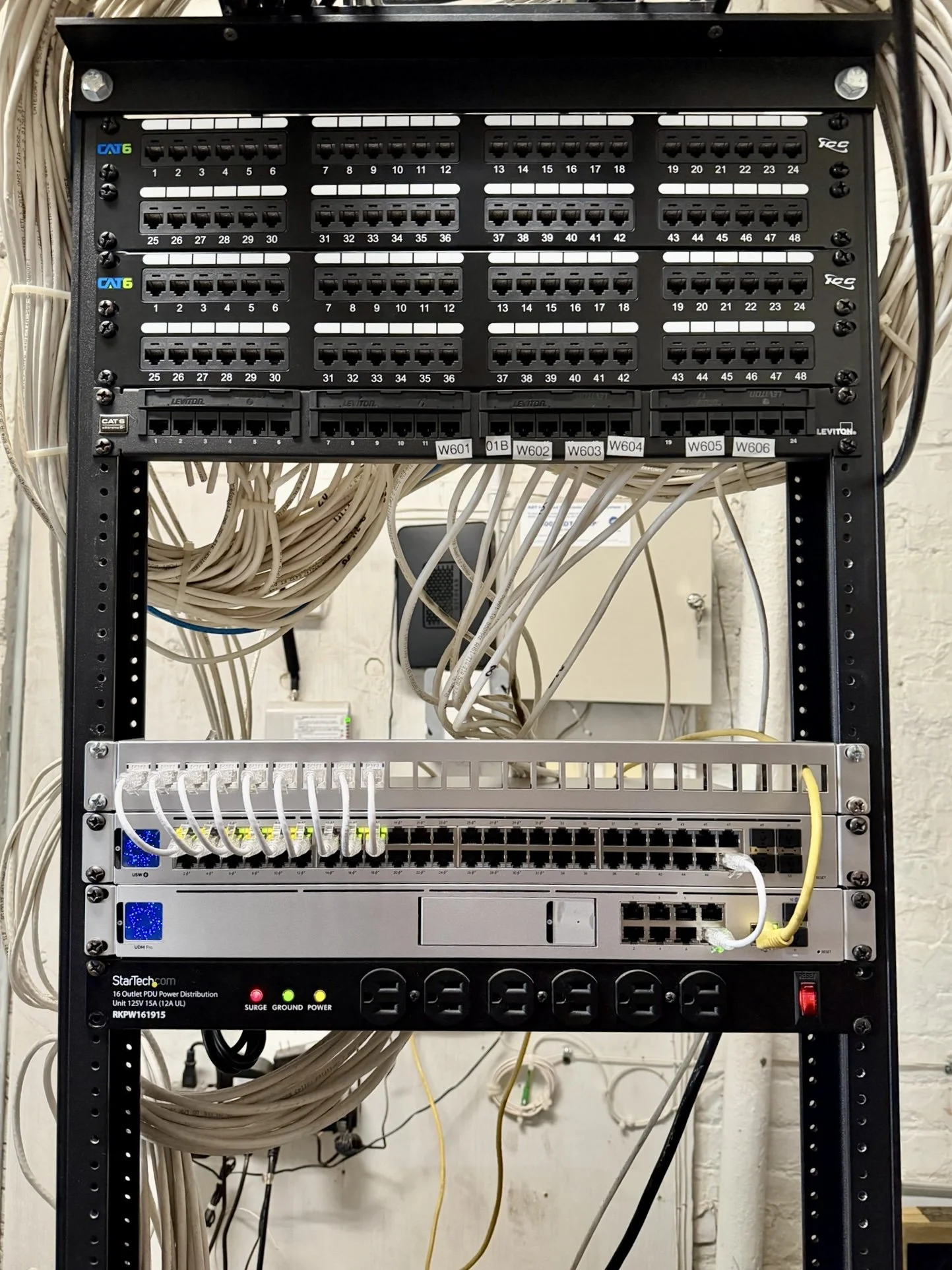 Completed UniFi network in a network rack.