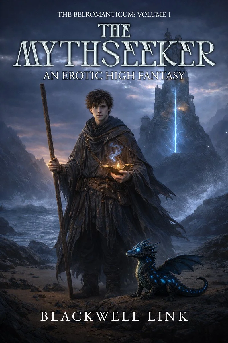 Book cover for The Belromanticum Volume 1. The Mythseeker: An Erotic High Fantasy. By Blackwell Link. A young man holding a staff and lamp in front of a dark stormy beach. A small dragon near his feet and a tower behind him.