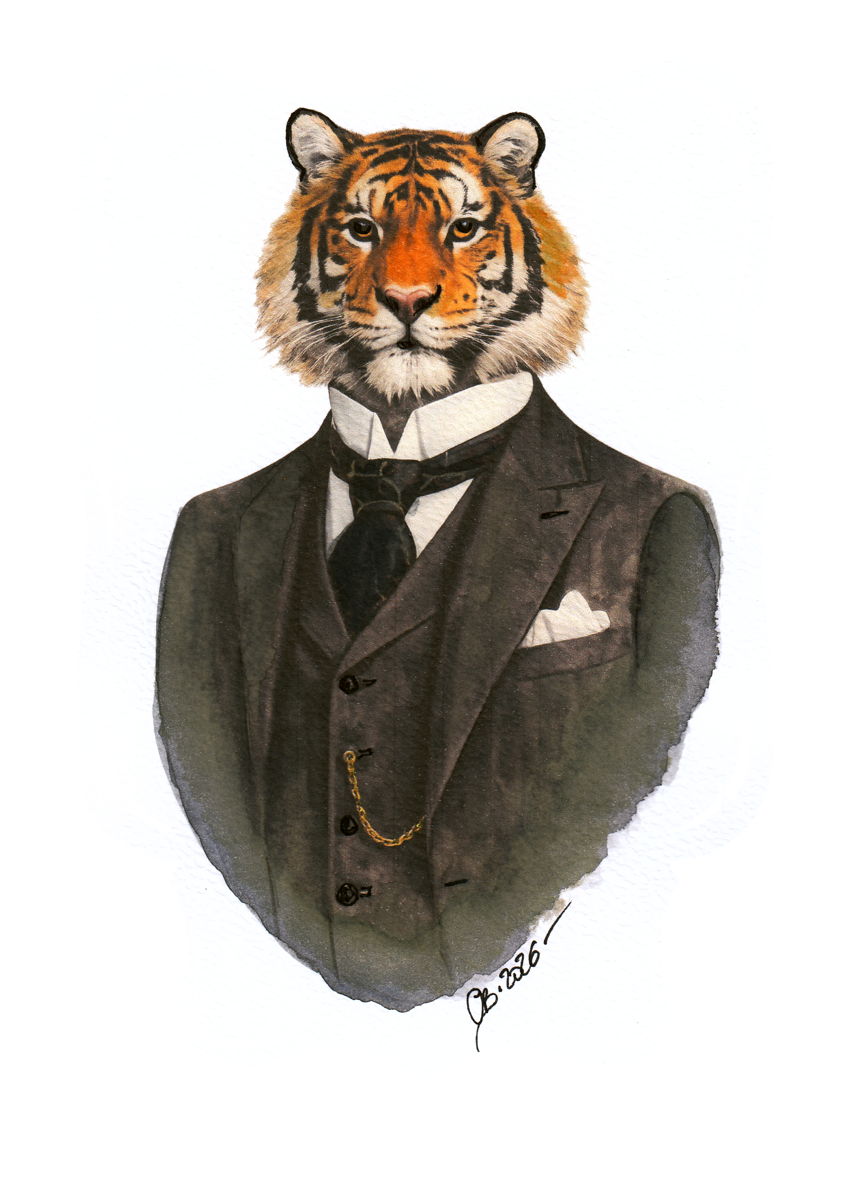 Watercolor portrait of an anthropomorphic tiger wearing a Victorian suit.
