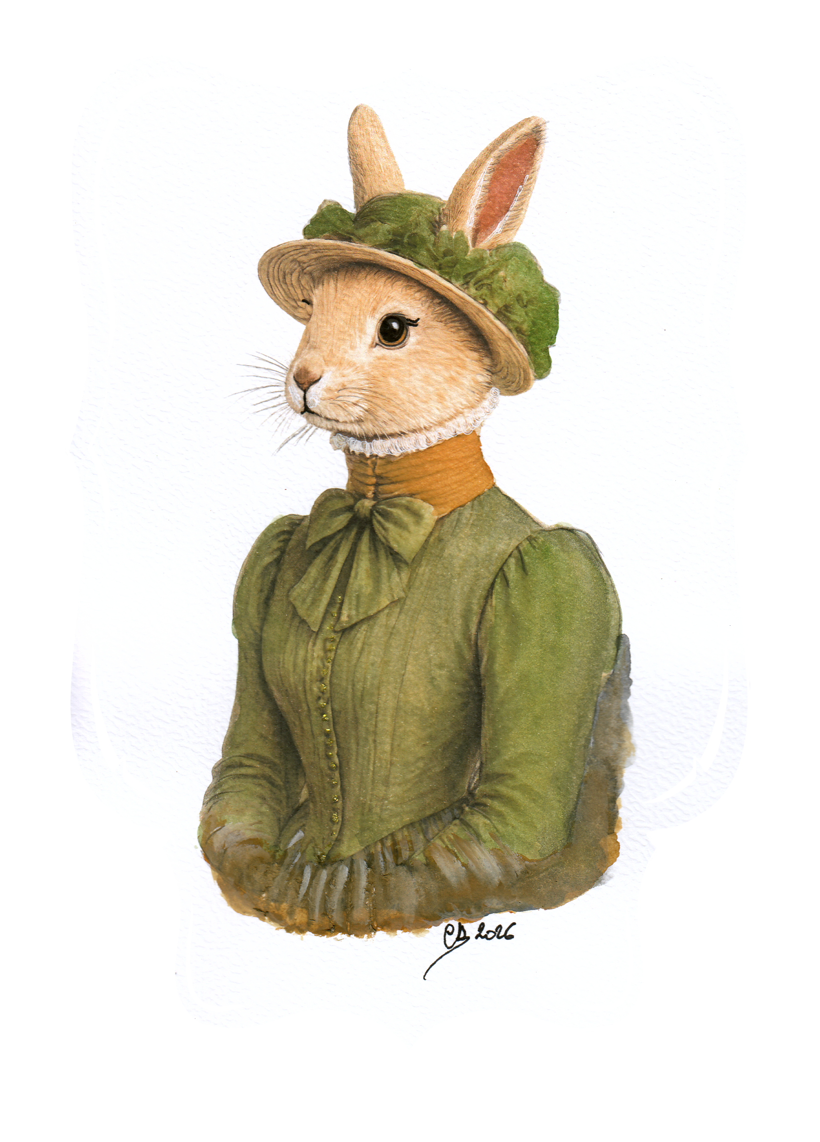 Watercolor portrait of an anthropomorphic bunny wearing a Victorian dress.