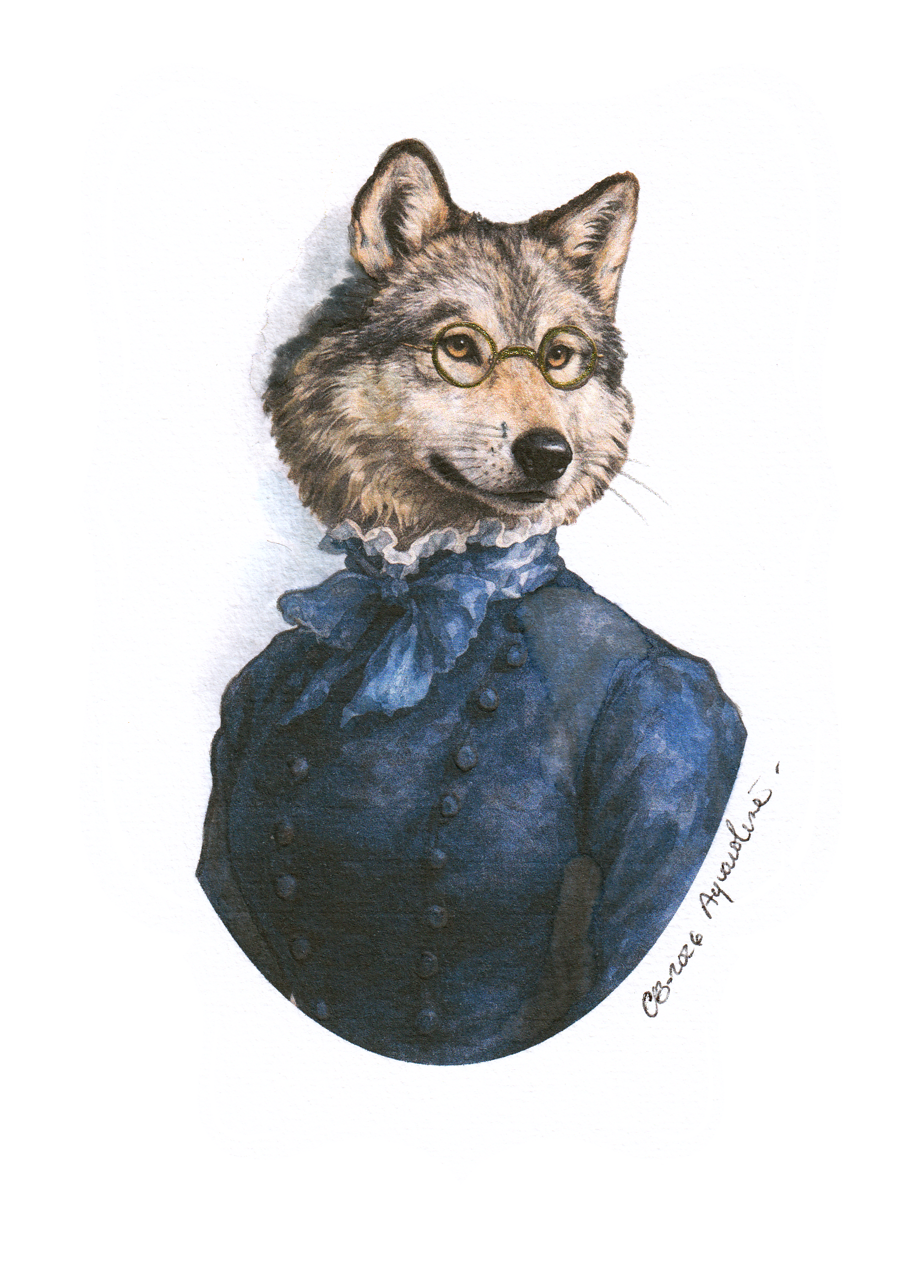 Watercolor portrait of an anthropomorphic wolf wearing glasses and wearing a Victorian dress.