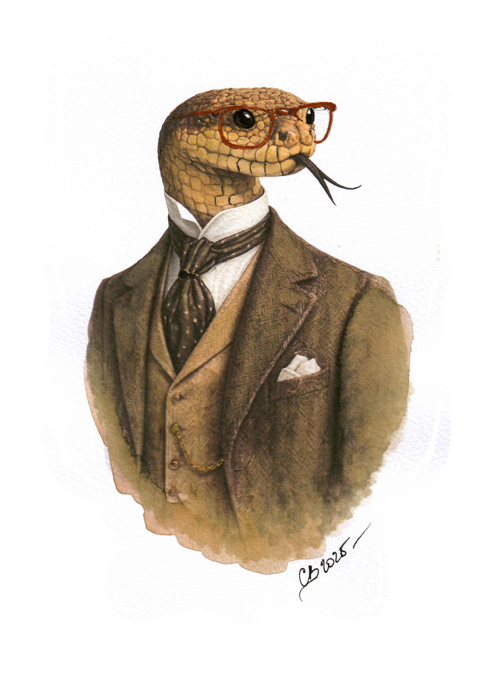Watercolor portrait of an anthropomorphic snake wearing glasses and wearing a Victorian business suit.