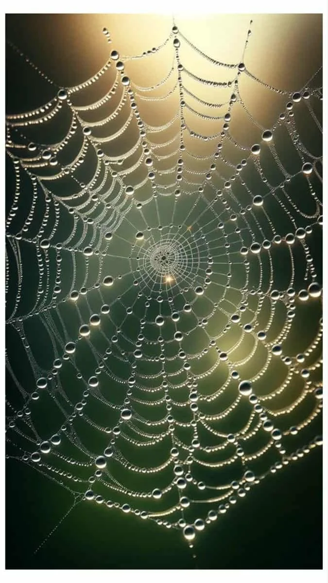 Close-up of a spider web with water droplets, illuminated softly, creating a sparkling effect.