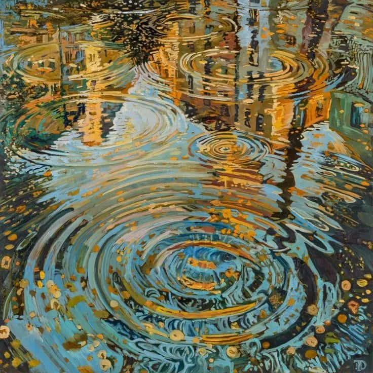 Impressionistic painting of a city street reflected in rainwater with ripples and colorful reflections of buildings and lights.