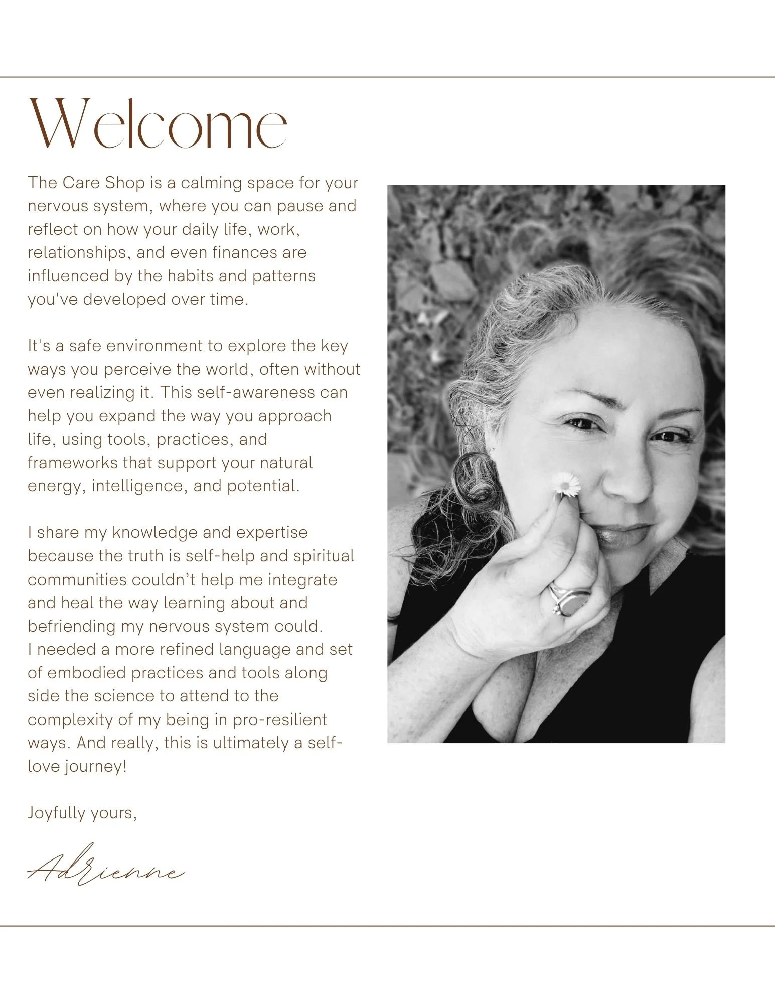 A handwritten signature reading "Adriane" below a formal letter of appreciation signed by Adriane with a partial black-and-white portrait of a woman with curly hair, a flower tucked behind her ear, smiling gently, outdoors with fallen leaves in the background, on the right side of the page.