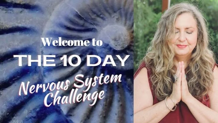 A woman with long, curly hair practicing meditation with her hands in prayer position, next to a sign that reads 'Welcome to the 10 Day Nervous System Challenge' with a background of a peaceful blue design.