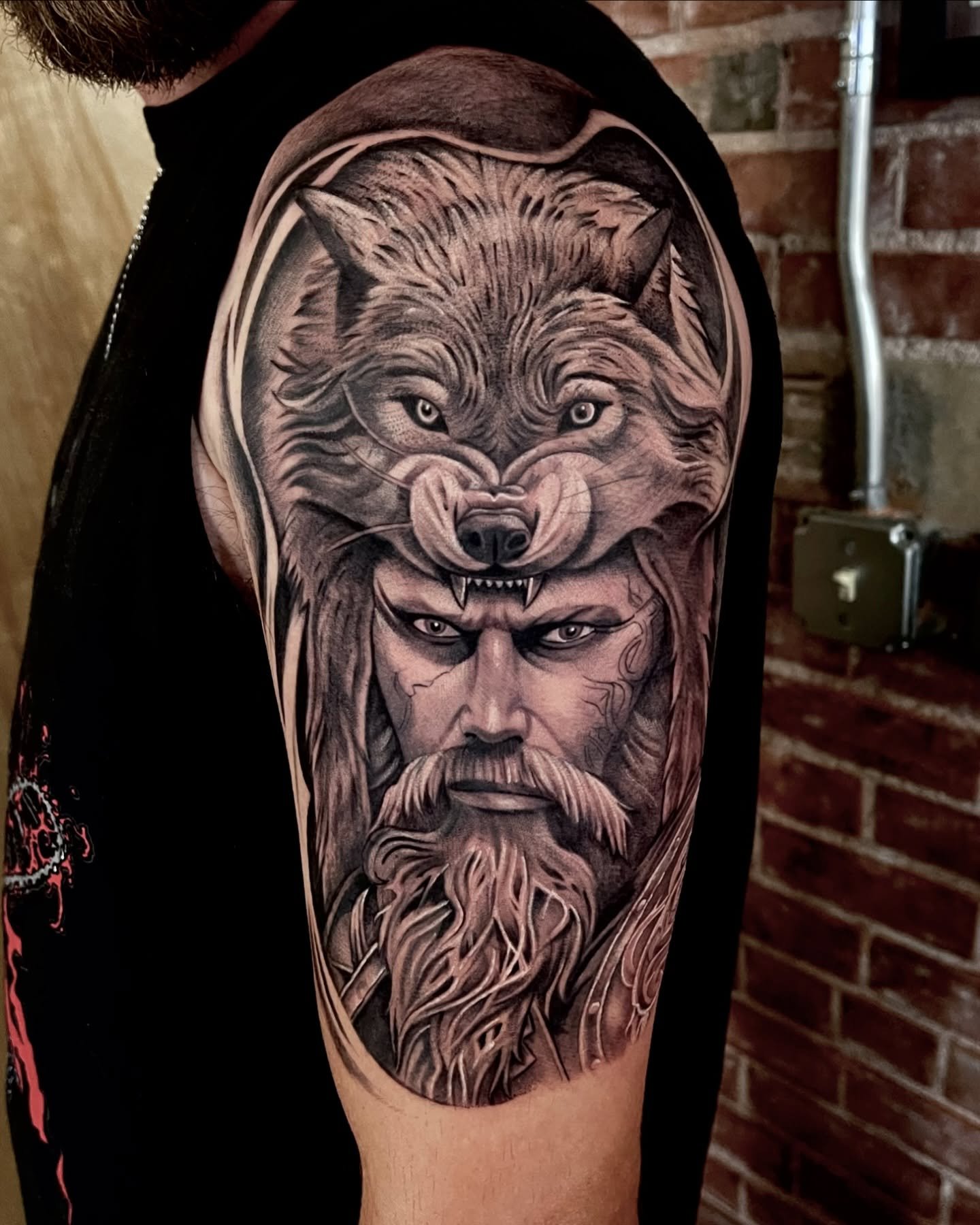 Start of a new sleeve! #tattoosbyclint #blackandgrey #itsalifestyle #sleevetattoo #ulfhednar #shamanic #viking #warrior #coloradotattooer #blackoaktattoo