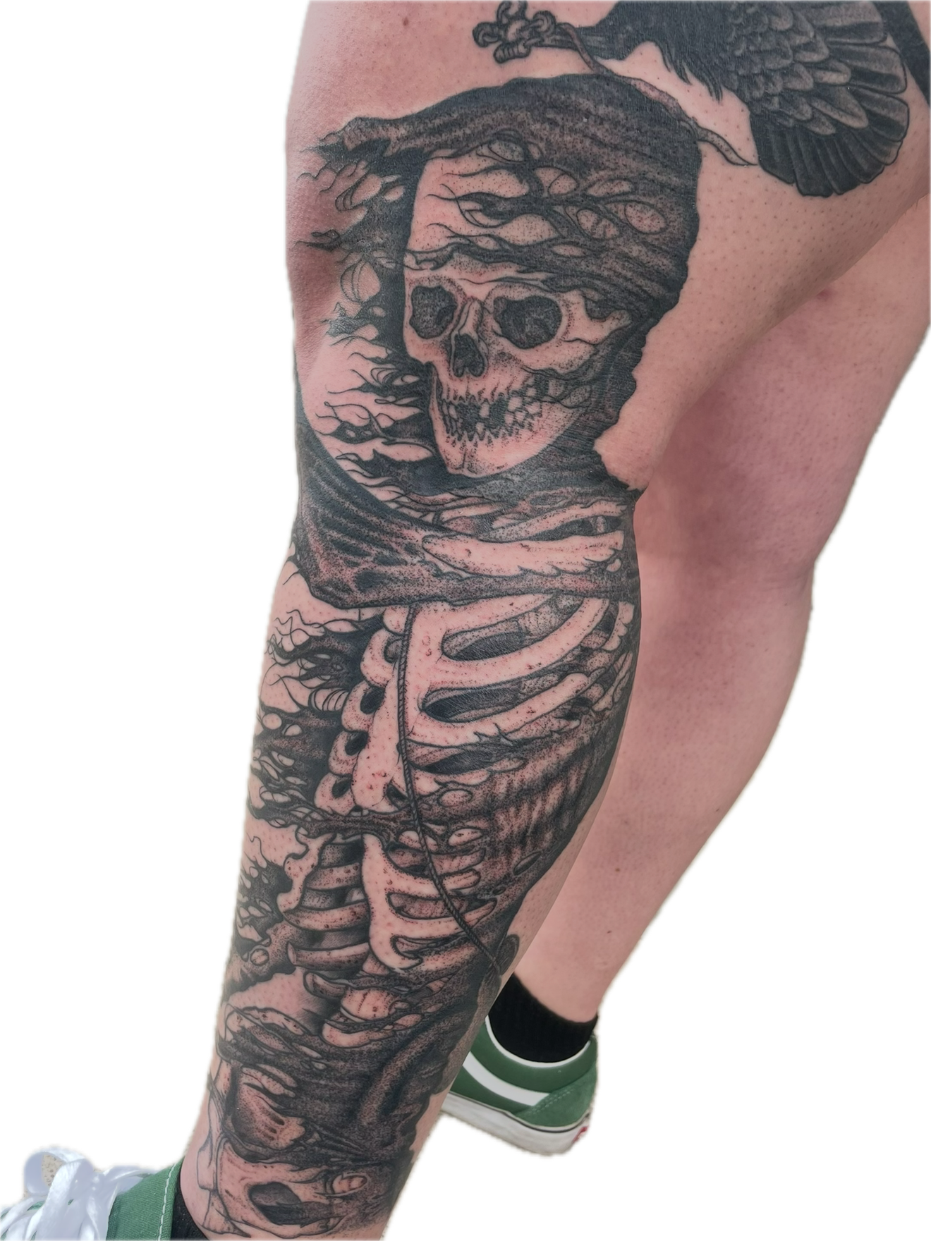 Tattoo of a human skeleton with a skull, with black shading and detailed line work, covering the person's arm.