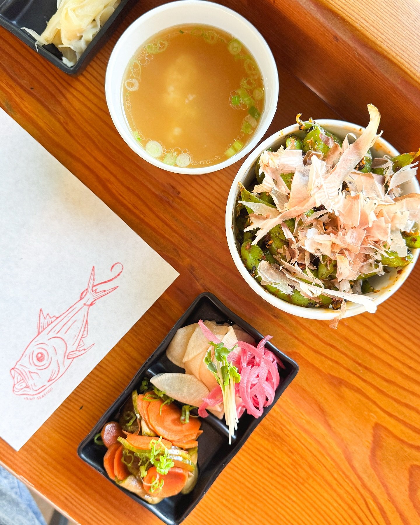 Handroll starter pack: fish fumet miso soup, butter furikake edamame, &amp; pickles