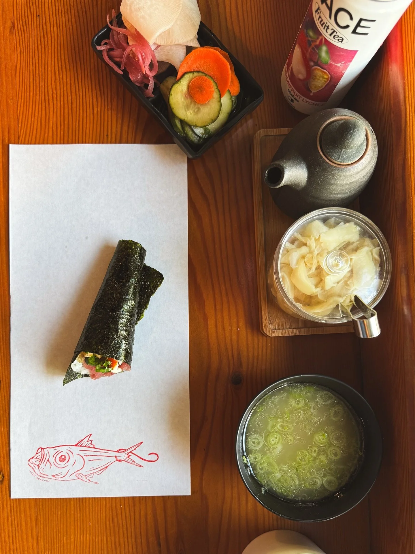 Power lunching ~ Spicy Tuna, miso fish soup &amp; pickles