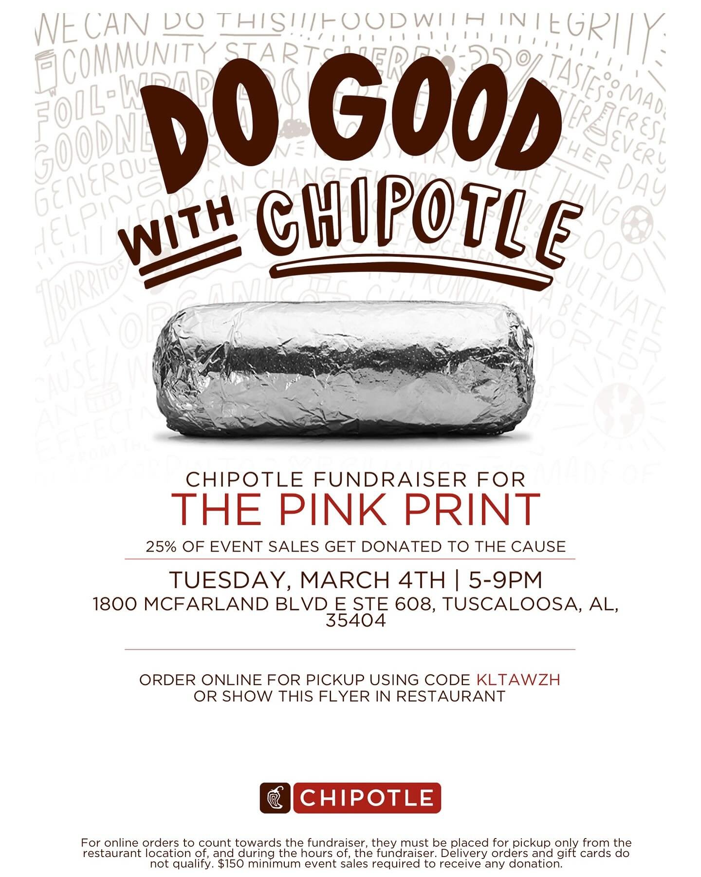 Did someone say food!?

Join The Pink Print at our percentage night at Chipotle on March 4th. Please show this flyer at check out!! Also, please tag us with your bowls, quesadillas, and burritos!! We can&rsquo;t wait to see your go to meal 🌯

The Pi
