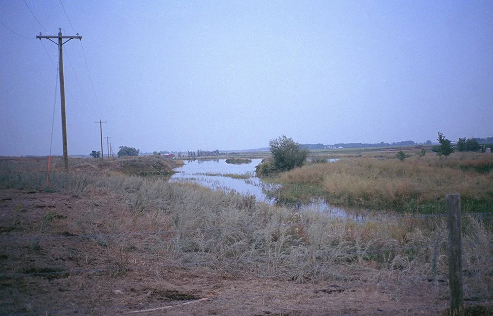 Power lines and a winding stream through dry grass.