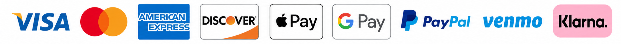 Accepted payment methods including Visa, Mastercard, American Express, Discover, Apple Pay, Google Pay, PayPal, Venmo, and Klarna