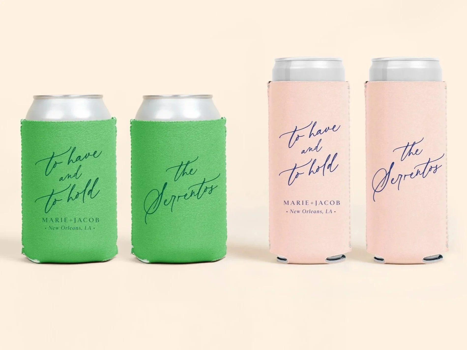 Standard Can Cooler in Lime with Forest Green ink and Slim Can Cooler in Light Peach with Dark Royal ink