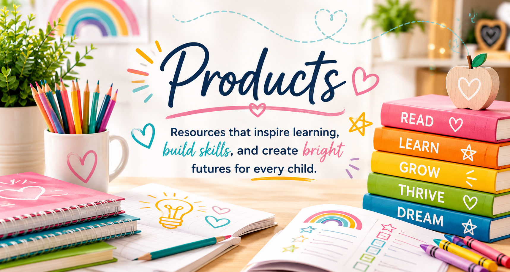 Educational workspace with colorful notebooks, writing supplies, a rainbow drawing, and motivational books labeled 'Read,' 'Learn,' 'Grow,' 'Thrive,' and 'Dream,' with a central sign promoting learning resources for children.