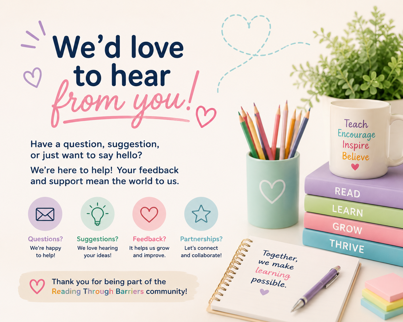 A colorful poster encouraging feedback with text that reads, 'We'd love to hear from you! Have a question, suggestion, or just want to say hello? We're here to help! Your feedback and support mean the world to us.' It features icons for questions, suggestions, feedback, and partnerships, along with a stack of books labeled 'Read,' 'Learn,' 'Grow,' and 'Thrive,' a cup with colored pencils, a notebook with a pen, a mug with inspirational words, and a green plant.