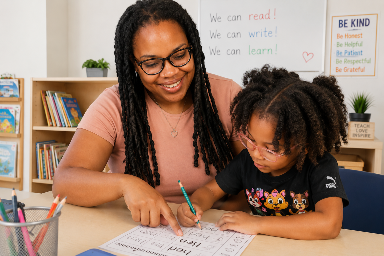 A teacher guiding a young girl in learning to write, both focused on a worksheet with words about reading, writing, and learning, in a classroom setting.