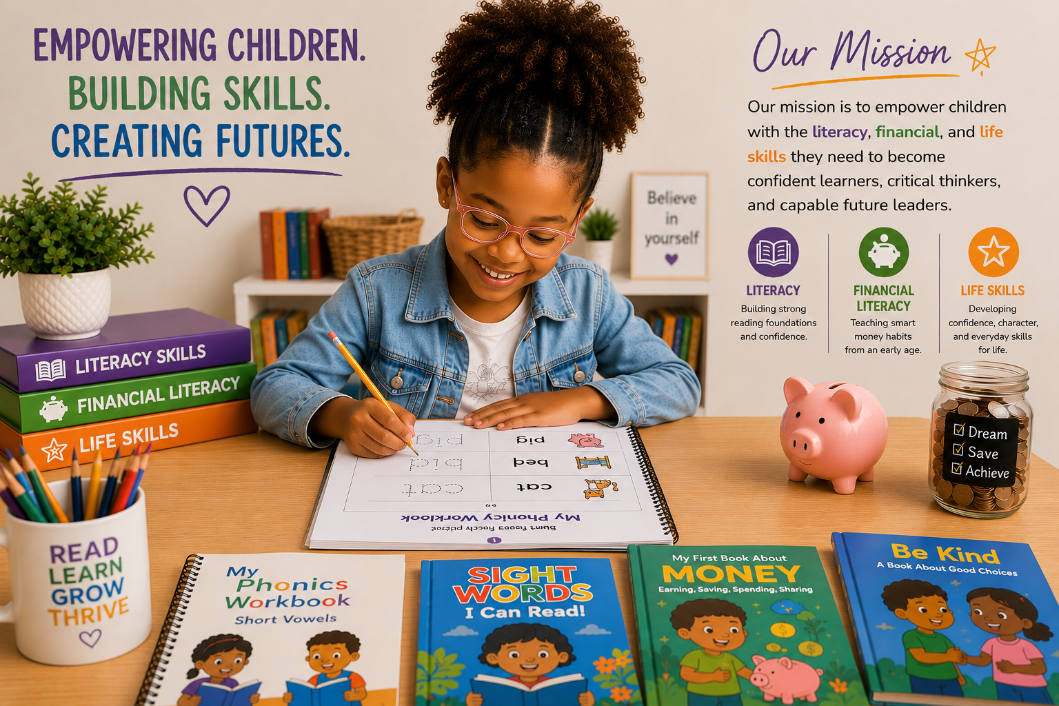 A young girl with glasses and curly hair, smiling and working on a phonics worksheet at a desk with educational books about literacy, money, and kindness, a piggy bank, and a jar of coins.