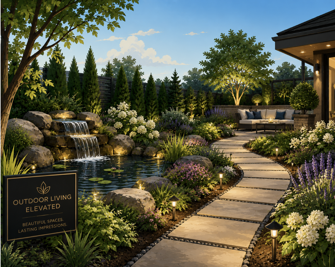 A beautifully landscaped backyard featuring a stone pathway, a pond with a waterfall, lush greenery, trees, and garden lights, with a seating area on the patio.