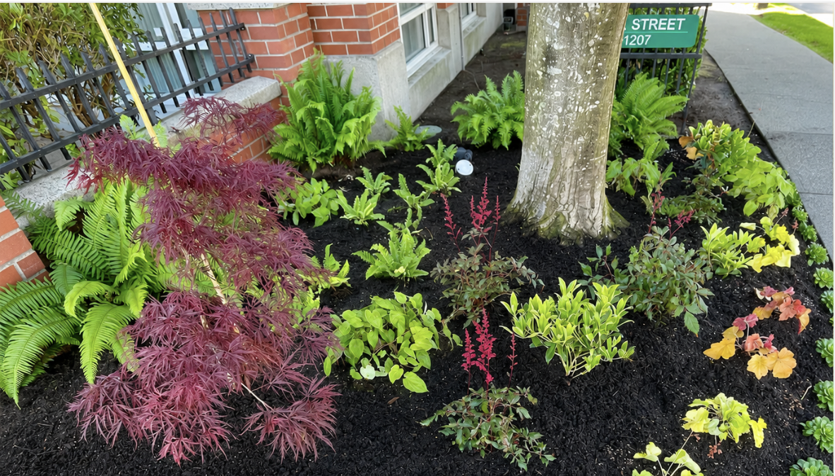 A landscaped garden bed with a variety of colorful plants and shrubs, next to a brick building and sidewalk, with a street sign reading "STREET 1207" in the background.