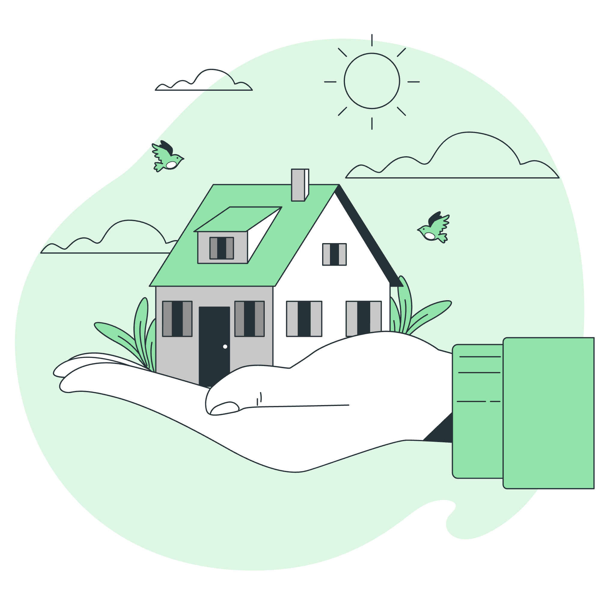A digital illustration of a house being held in a person's hand under a sunny sky with clouds and birds.