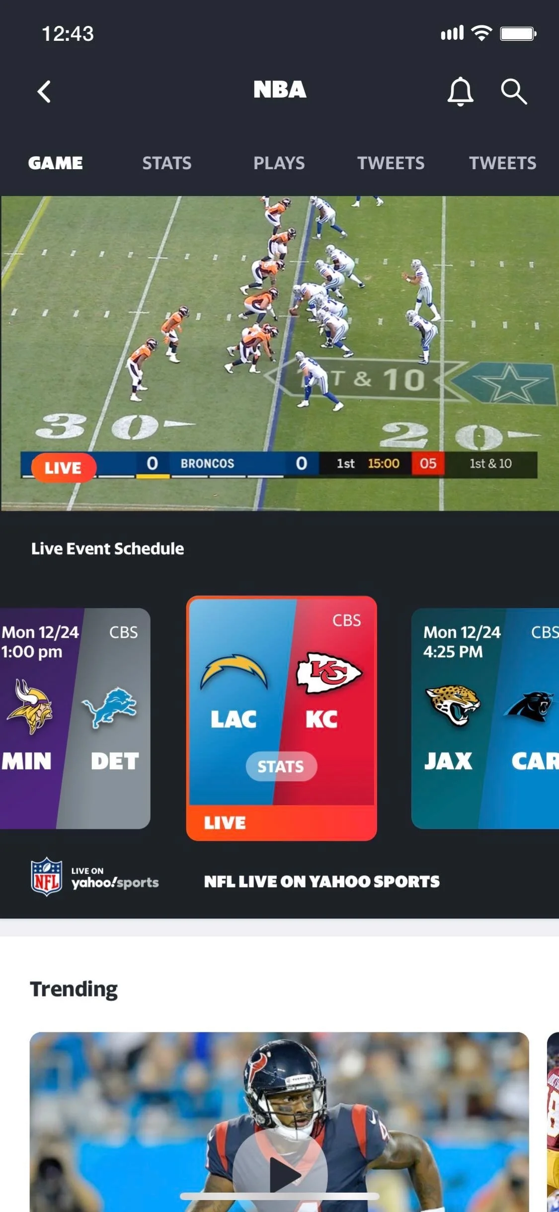 Screenshot of a basketball mobile app showing a live game between the Denver Broncos and the Dallas Cowboys, with a game clock and score, and upcoming NFL games scheduled below.