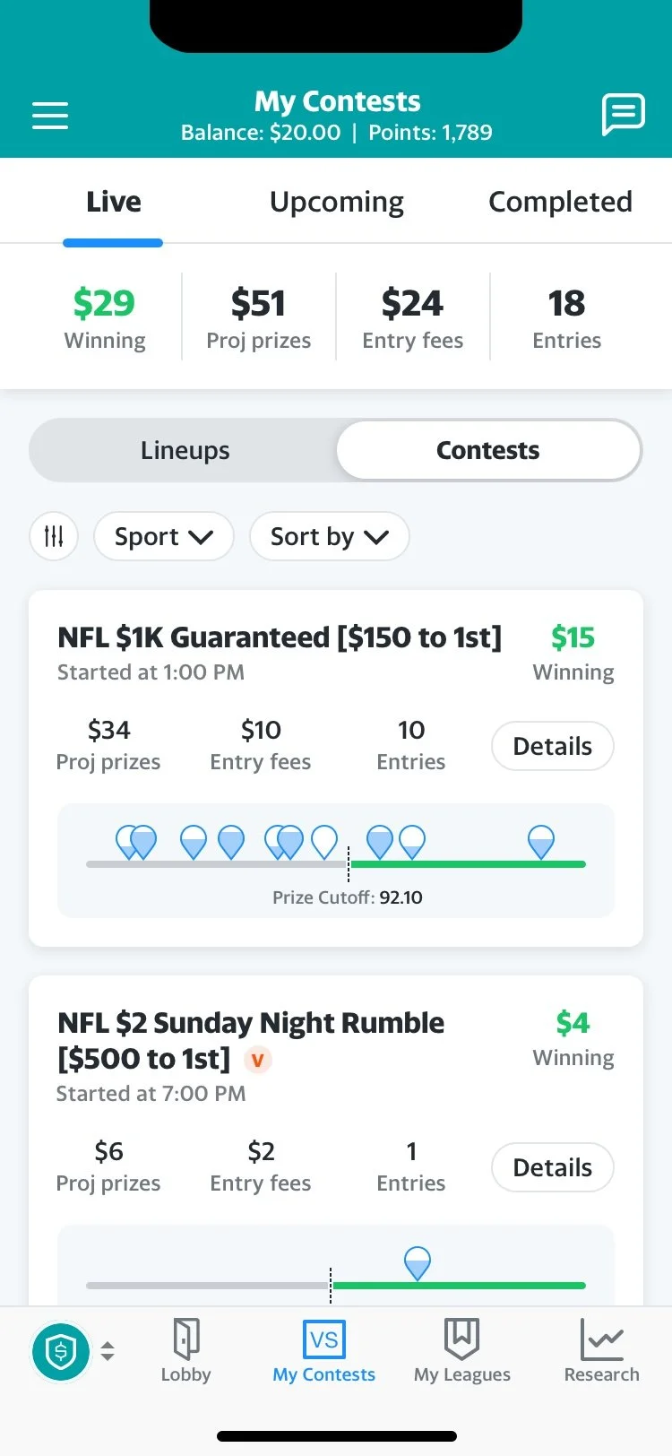 Yahoo Daily Fantasy contests