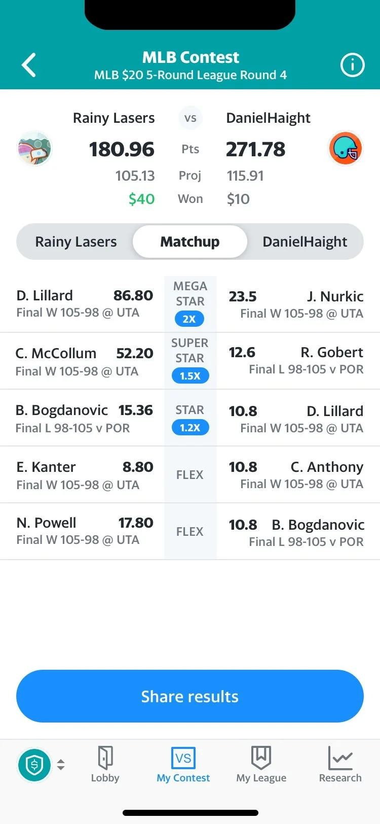 Yahoo Daily Fantasy matchup