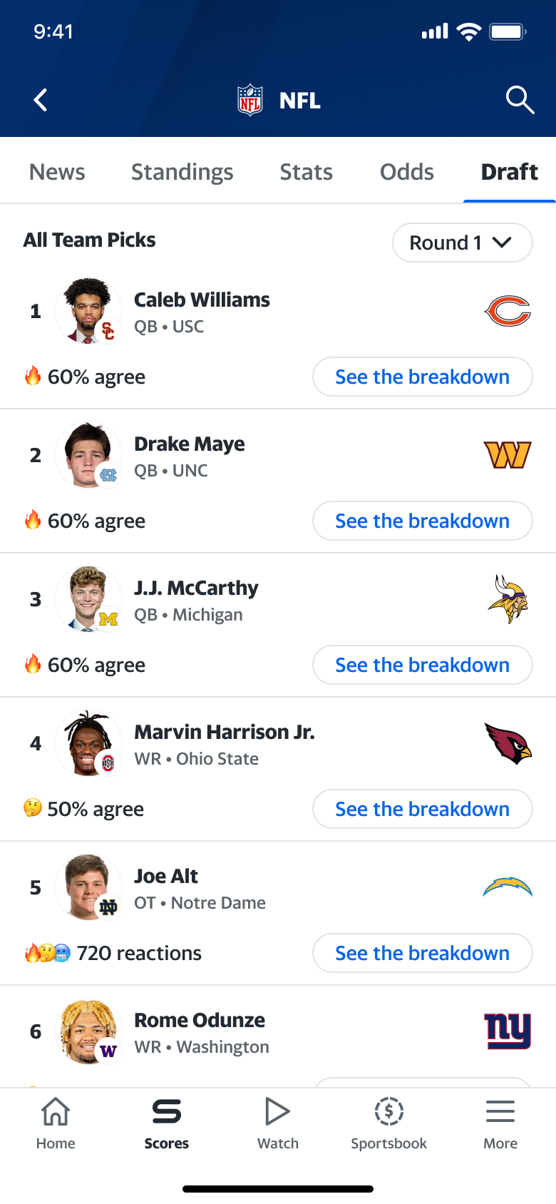 NFL draft ranking list featuring top football players with their names, positions, colleges, and team logos.